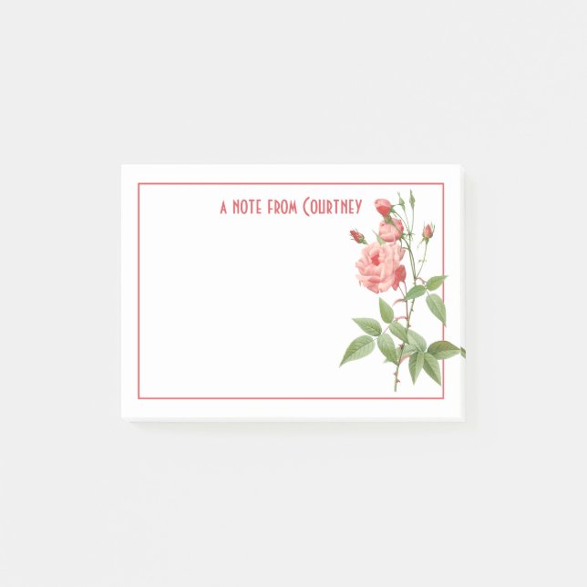 Vintage Pink Roses Rosebuds Personalized Post-it Notes (Front)