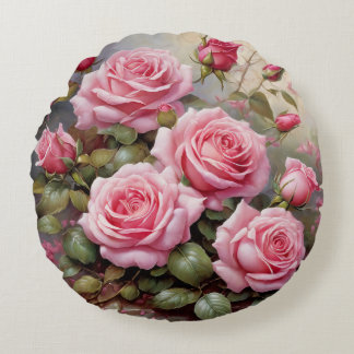 Vintage Pink Roses Round Pillow