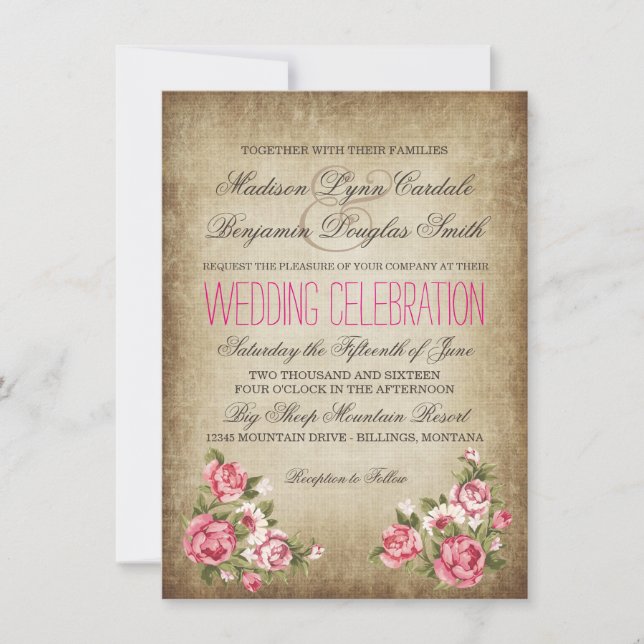Vintage Pink Roses Rustic Wedding Invitations (Front)