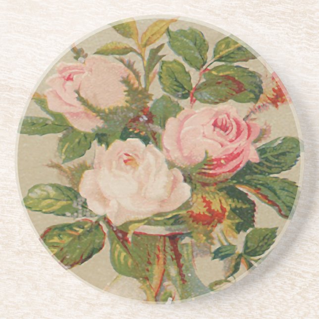 Vintage Pink Roses Sandstone Coaster (Front)
