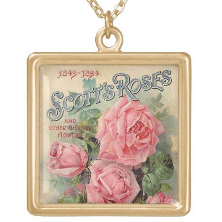 Vintage Pink Roses Seed Packet -necklace Gold Plated Necklace