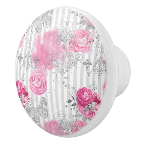 Vintage Pink Roses Silver Glitter Butterflies Chic Ceramic Knob