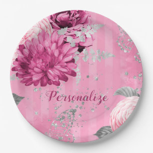 Vintage Pink Roses Silver Glitter Butterfly Paper Plates