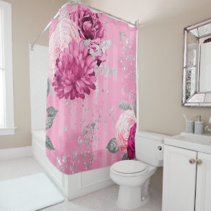 Vintage Pink Roses Silver Glitter Butterfly Shower Curtain