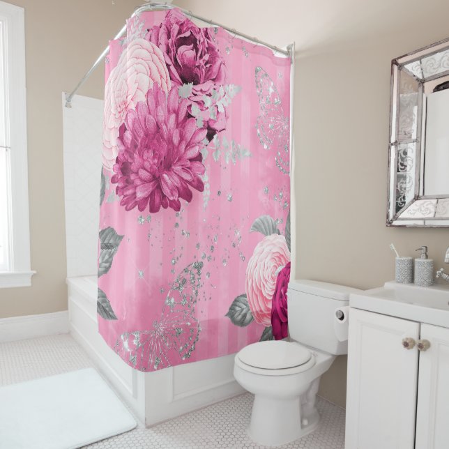 Vintage Pink Roses Silver Glitter Butterfly Shower Curtain (In Situ)