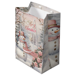 Vintage Pink Roses, Snowman Christmas Village Medium Gift Bag