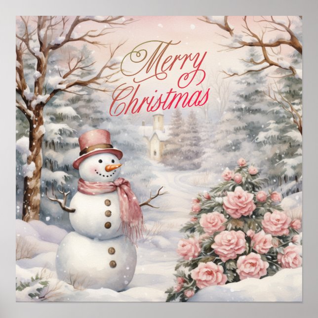 Vintage Pink Roses, Snowman Christmas Village Poster (Front)