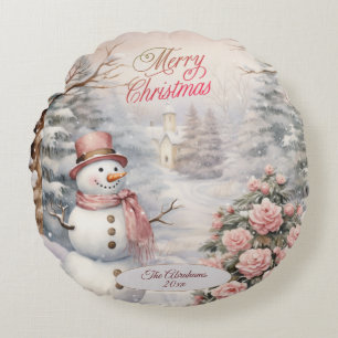 Vintage Pink Roses, Snowman Christmas Village Round Pillow