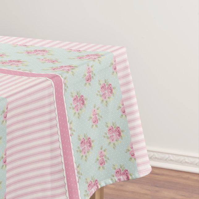 Vintage Pink Roses & Stripes Rustic Farmhouse Tablecloth (In Situ)