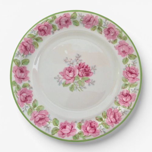 Vintage Pink Roses Tea Party Paper Plates