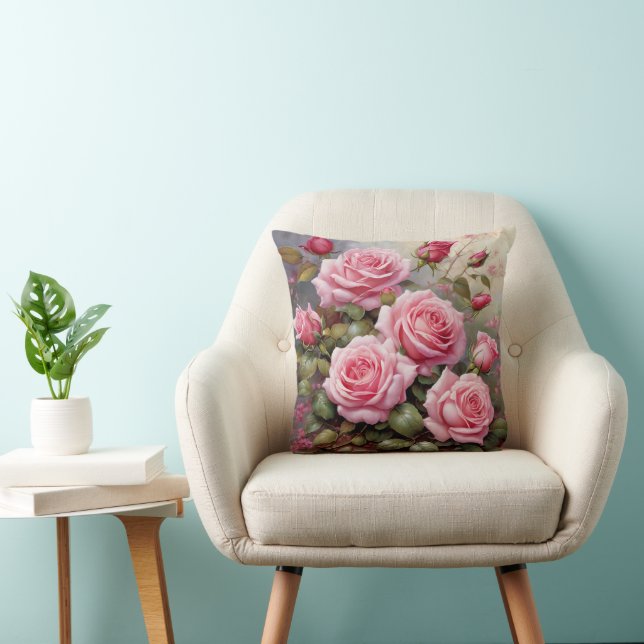 Vintage Pink Roses Throw Pillow (Chair)