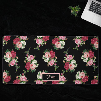 Vintage Pink Roses w/Name-Black Background
