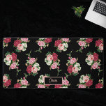 Vintage Pink Roses w/Name-Black Background Desk Mat<br><div class="desc">Lovely sprays of vintage pink,  red and white roses and green foliage in repeating editable pattern on transparent background (black used in sample). Personalize with your name or monogram.</div>