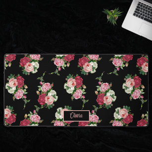 Vintage Pink Roses w/Name-Black Background Desk Mat