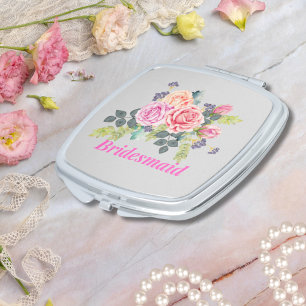 Vintage Pink Roses Watercolor Bridesmaid Gift Compact Mirror