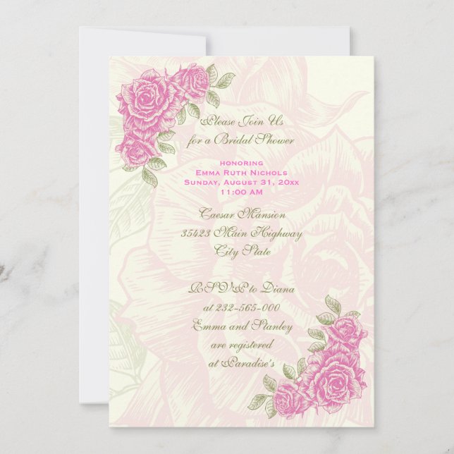 Vintage pink roses wedding bridal shower invite (Front)