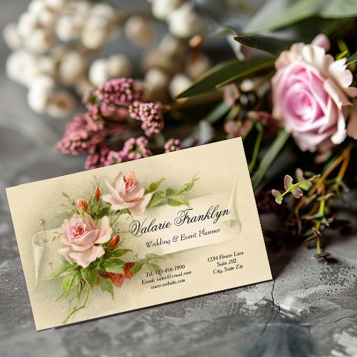 Customizable Vintage Pink Roses Wedding Event Planner Business Card