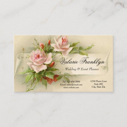 Vintage Pink Roses Wedding Event Planner Business Card