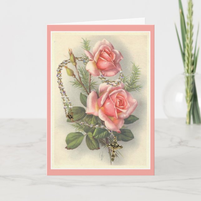 Vintage Pink Roses with Rosary Card (Front)
