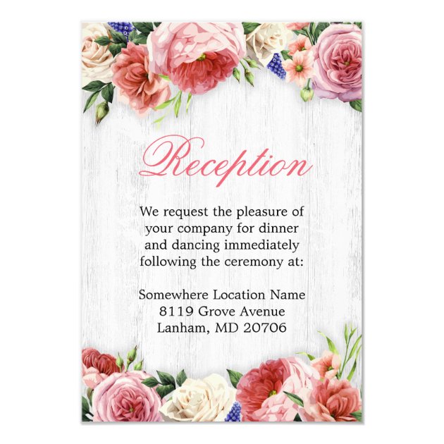 Vintage Pink Rustic Floral Wood Wedding Reception Card