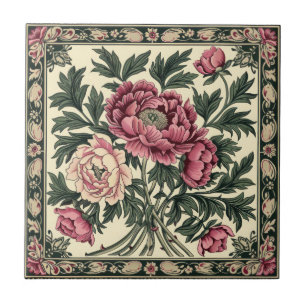 Vintage Pink & Sage Green William Morris Peony Ceramic Tile