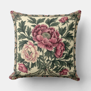 Vintage Pink & Sage Green William Morris Peony Throw Pillow