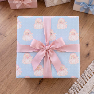Vintage Pink Santa Christmas Blue Wrapping Paper