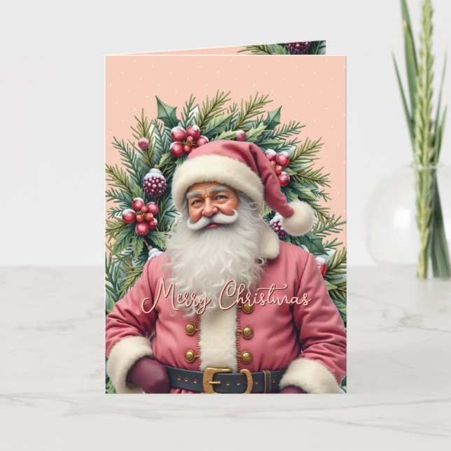 Vintage Pink Santa Christmas Holiday Card (Front)