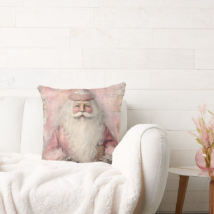 Vintage Pink Santa Christmas Throw Pillow