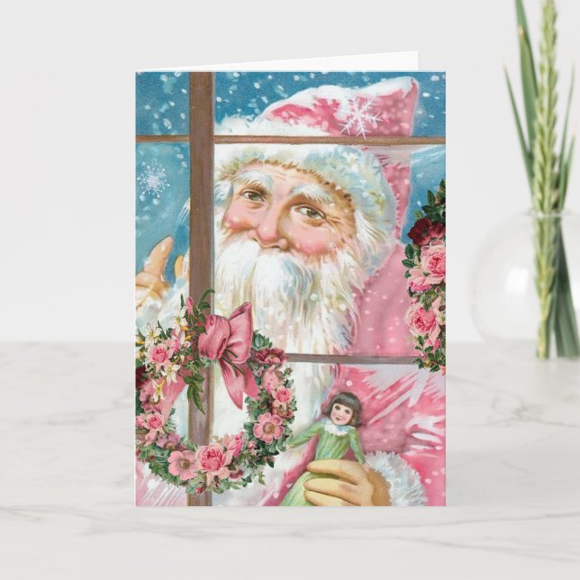 Vintage Pink Santa Claus at Window Holiday Card (Front)
