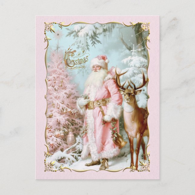 Vintage pink Santa Claus deer tree Christmas card (Front)