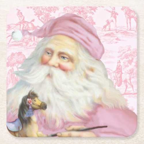Vintage Pink Santa Claus Toile de Jouy Pattern Square Paper Coaster