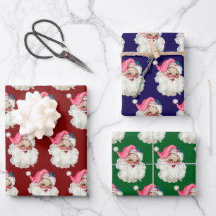 Vintage Pink Santa Face Christmas Holiday gift Wrapping Paper Sheets