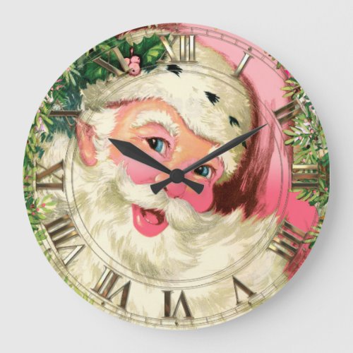 Vintage Pink Santa For Christmas Large Clock