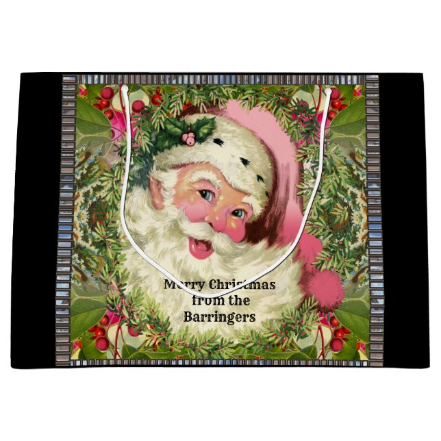 Vintage Pink Santa For Christmas Large Gift Bag (Front)