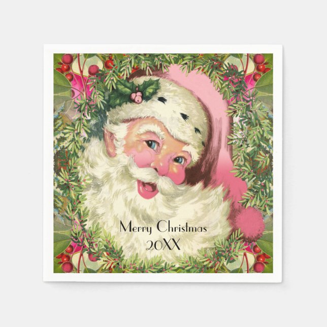 Vintage Pink Santa For Christmas Napkins (Front)