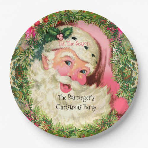 Vintage Pink Santa For Christmas Paper Plates