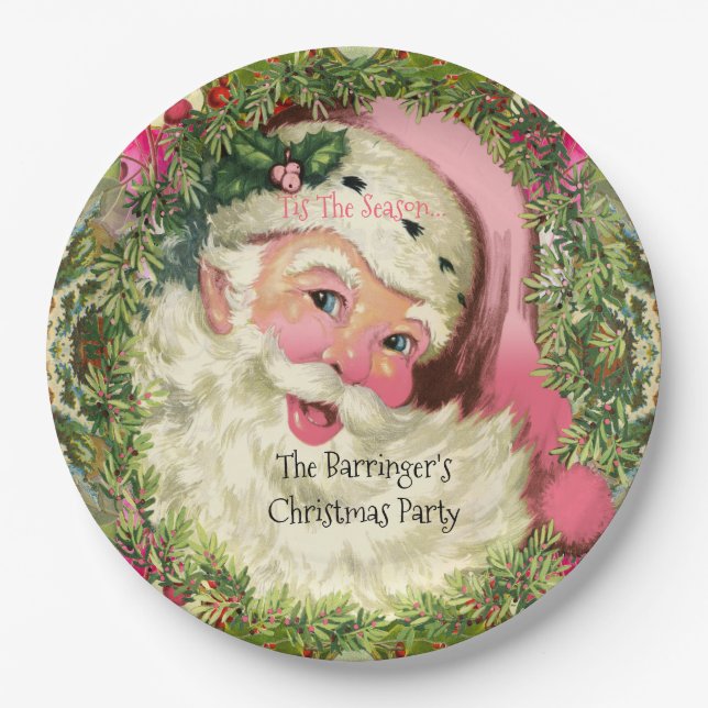 Vintage Pink Santa For Christmas Paper Plates (Front)