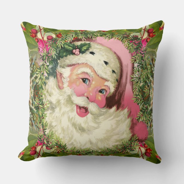 Vintage Pink Santa For Christmas Throw Pillow (Front)
