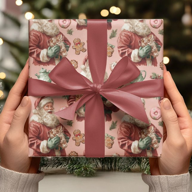 Vintage Pink Santa & Gingerbread Christmas Wrapping Paper (Creator Uploaded)