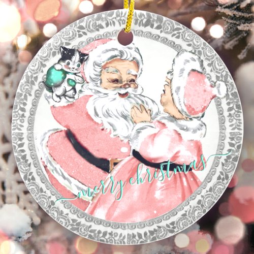 Vintage Pink Santa  Mrs Claus Victorian Christmas Ceramic Ornament