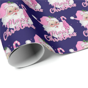 Vintage Pink Santa on Blue Wrapping Paper