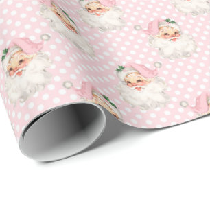 Vintage Pink Santa on Polkadot Wrapping Paper