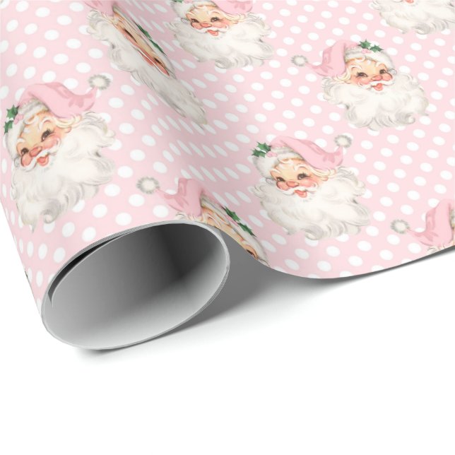 Vintage Pink Santa on Polkadot Wrapping Paper (Roll Corner)
