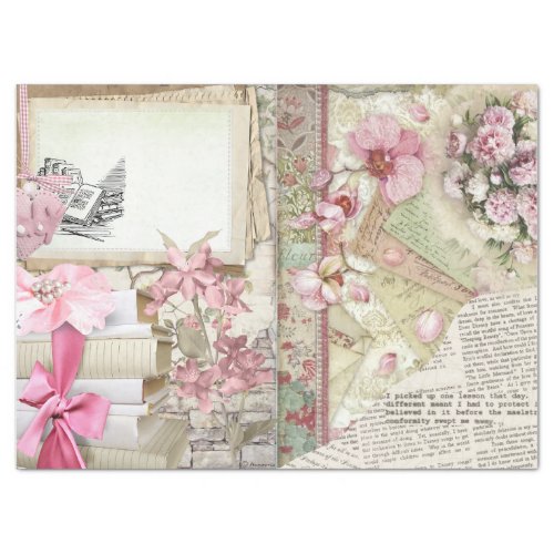 Vintage Pink Shabby Written Book Text Collage Tissue Paper