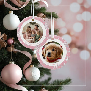 Vintage Pink Snowflakes Family Christmas 2 Photos Ceramic Ornament
