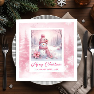 Vintage Pink Snowman Kids Winter Scene Pinkmas Napkins