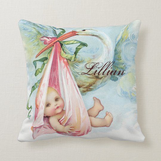 Vintage Pink Stork Baby Nursery Pillows Zazzle Vintage Pink Stork Baby Nursery Pillows