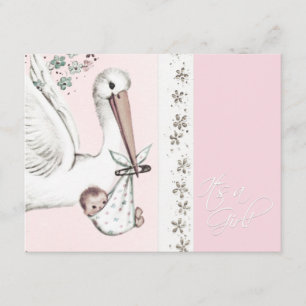 Vintage Pink Stork Baby Girl Shower Invitations