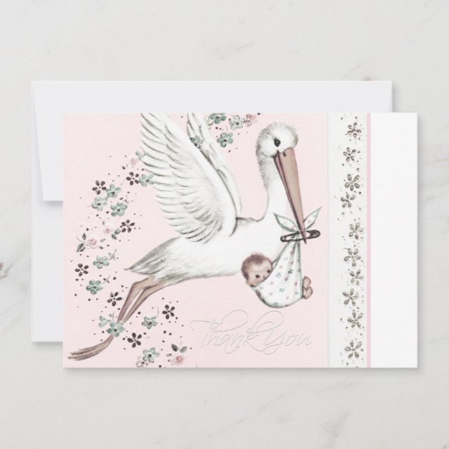 Vintage Pink Stork Baby Shower Thank You (Front)